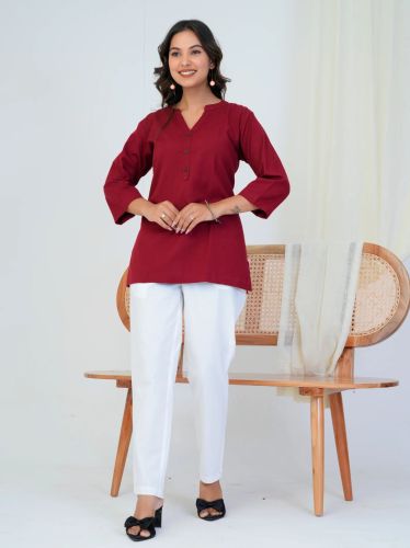 Royal Wine Linen Cotton Ladies Short Kurti