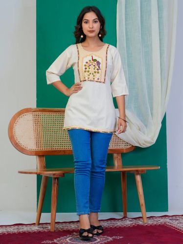 100% Cotton White Peacock Embroidered Ladies Short Kurti