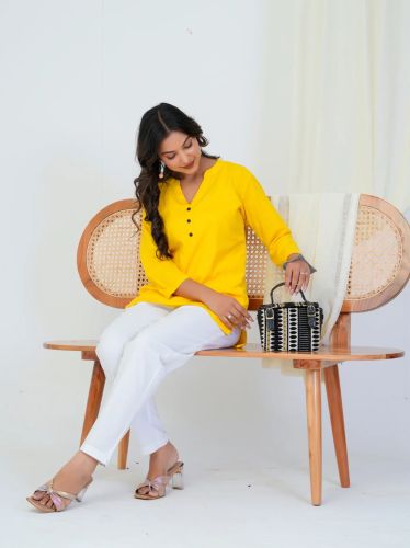Solid Yellow Linen Cotton Ladies Short Kurti