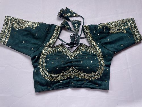 Silk Green Bridal Heavy Embroidery Blouse, Sleeve Type : Short Sleeve