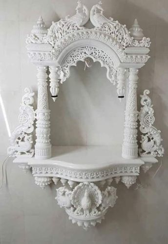 Polished Twin Peacock Carved Marble Jharokha