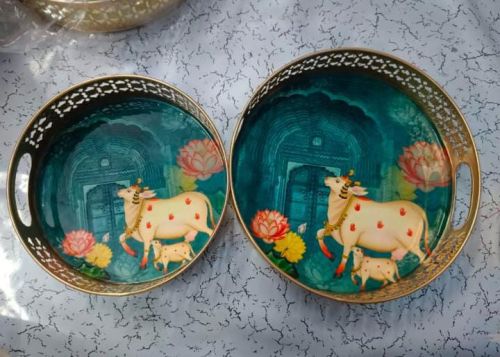 Polished Metal Meenakari Serving Tray, Color : Green