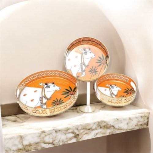 Printed Polished Metal Decorative Gift Trays, Shape : Round