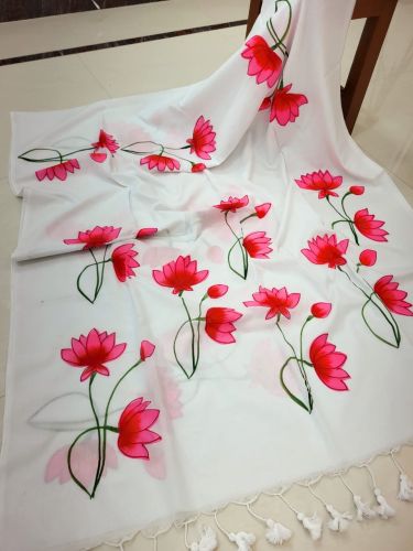 Painted Pure Mul Cotton Hand Paint Sarees Party Wear
