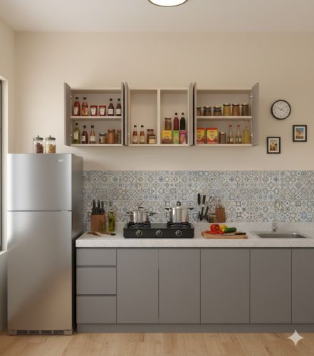 Plain Polished Wood Kitchen Cabinet, Color : Brown, Creamy Antique