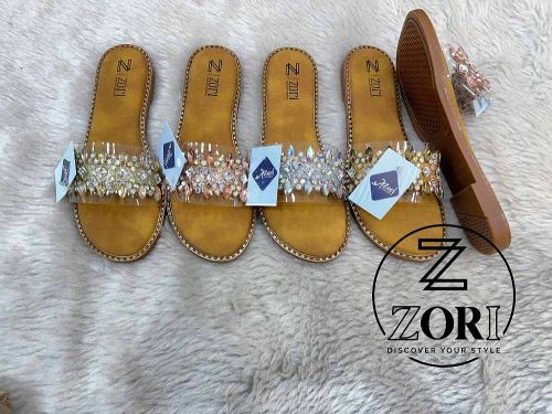 Synthetic Sparkle Strap Party Ladies Slipper, Color : Brown ( Base )