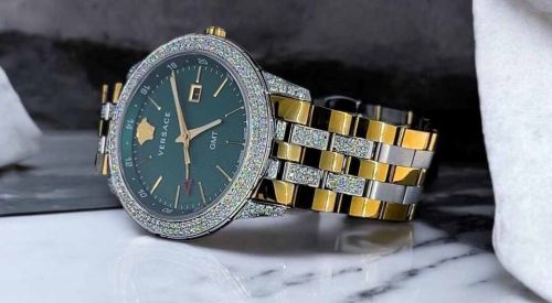Bold Luxury Diamond Studded Watch, Color : Golden & Silver