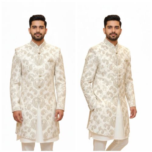 Mens White Silk Wedding Sherwani