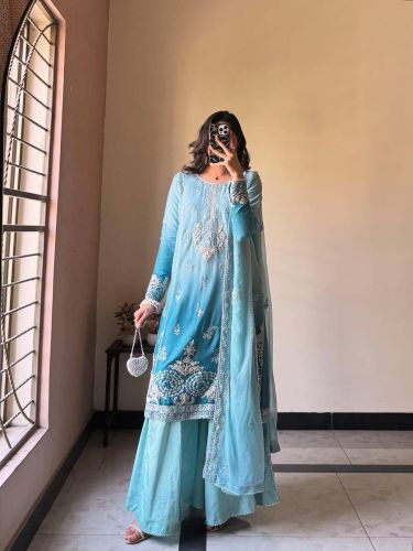 Chinnon Silk Sky Blue Palazzo Set, Brand Name : Trikan