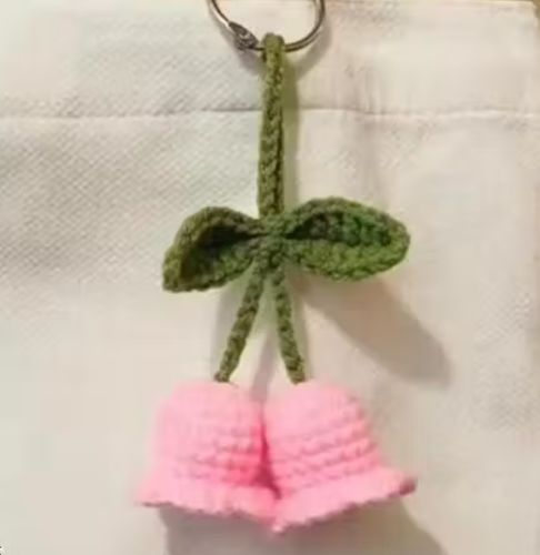 Handmade Crochet Bell Flower Keychain, Pink and Green, Decor