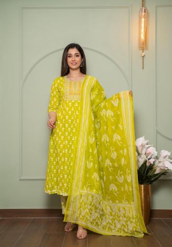Embroidered Anarkali Dress, Color : Yellow, Clothing Type : Suits