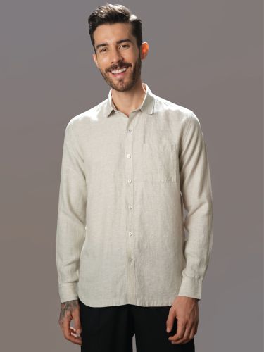 Plain Beige Pure Linen Shirt Casual Wear, Brand Name : Indiqlo