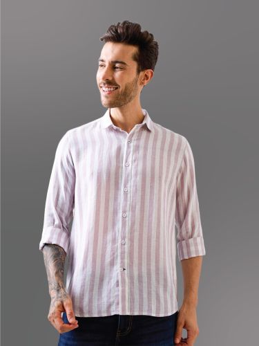 Plain Lilac Striped Pure Linen Shirt Casual Wear