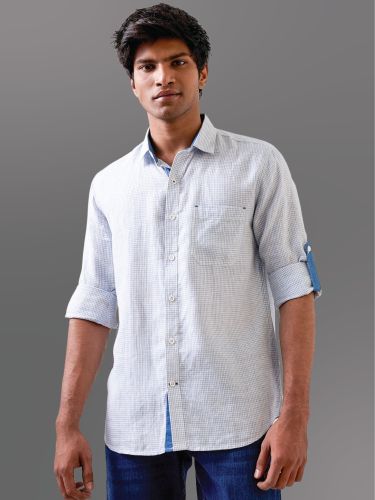 Checked Regular Collar White Micro-Check Pure Linen Shirt XL, XXL