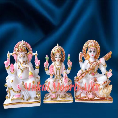 Carved Polished Marble Ganesh Laxmi Saraswati Statue
