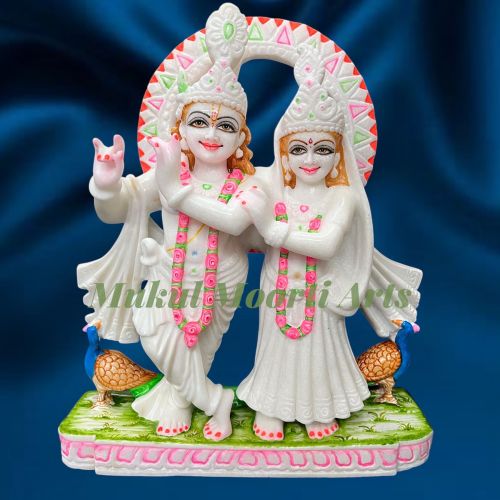 Polished Carved Painted Marble Radha Krishna Statue Standard