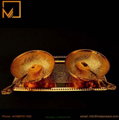 Polished Golden Brass Tray- 2 Bowl Set, Brand Name : Malacware