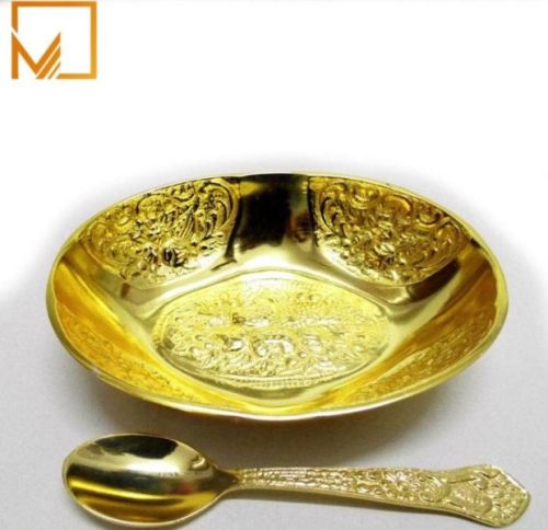 Handcrafted Brass Bowl with Spoon - Golden Gift Set