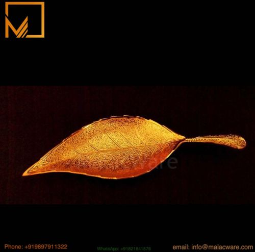 Large Golden Leaf Brass Tray- 35 Cm Handcrafted Luxury