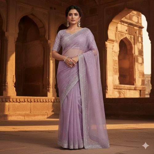 Unstitched Party Wear Ladies Net Saree, Color : Lavender