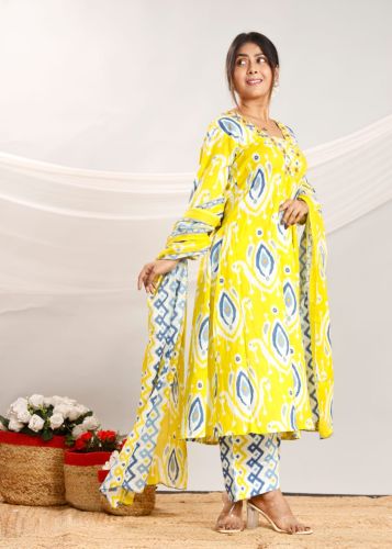 Festive Ethnic Wear Cotton Blend Ladies Mustard Ikat Palazzo Suit
