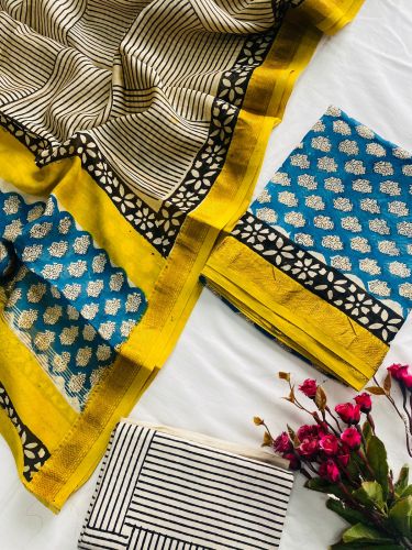 Party Wear Silk Suits, Pattern : Hand Block Print