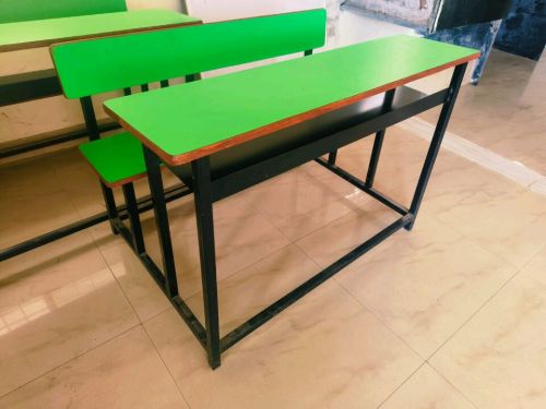 Wooden Top Mild Steel Frame Green Three Seater Classroom Desk Modern