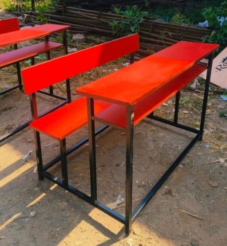Wood Top Mild Steel Frame Red Three Seater Classroom Desk
