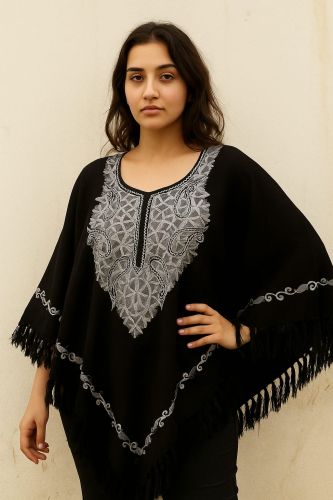 Ladies Silver Motif Woolen Embroidery Poncho