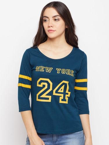 Soft Cotton Blend Knit Fabric Ladies Teal Blue Varsity Style T-Shirt