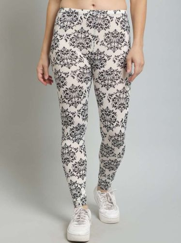Ladies White & Black Damask Print Leggings