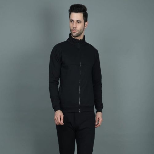 Plain Mens Black Cotton Fleece Jackets, Sleeve Type : Full Sleeves