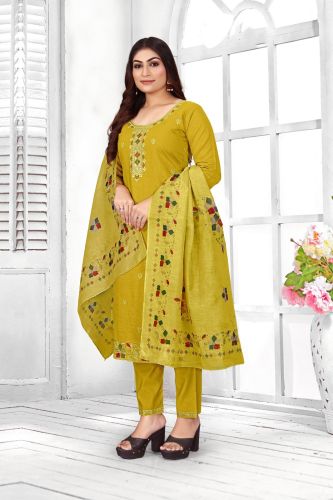 Antique Mustard Yellow Pure Cotton Embroidered Ladies Kurta Set