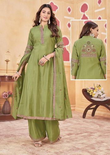 Green Roman Silk Embroidered A Line Ladies Suit Set