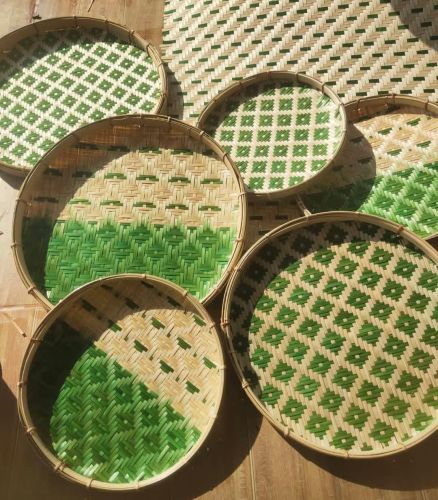Bamboo Green Motif Serving Tray Set, Shape : Circular With Flat Base