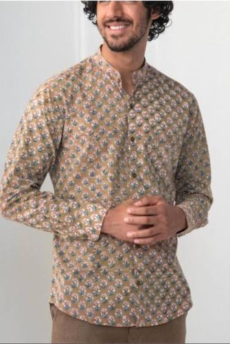 Cotton Mens Chinese Collar Jaipuri Print Shirt XL & XXL