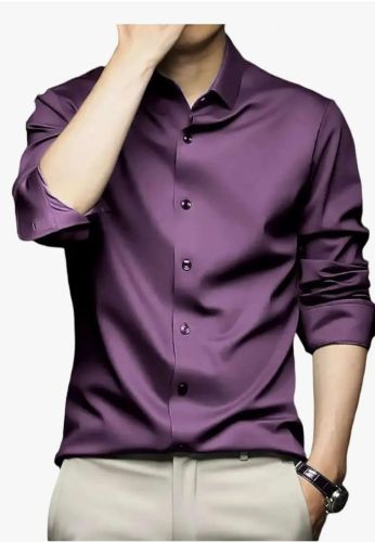 Regular Collar Mens Purple Plain Satin Shirt XL & XXL