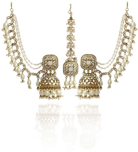 Traditional gold-plated Jhumka Earrings with Kundan and Mirror Work, Featuring Multiple Pearl Chains