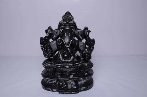 Polished Black Sitting Stone Saraswati Statue