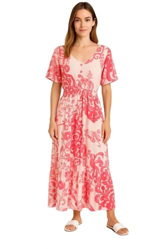 Soft Breathable Woven Fabric Ladies Pink Floral Casual Maxi Dress