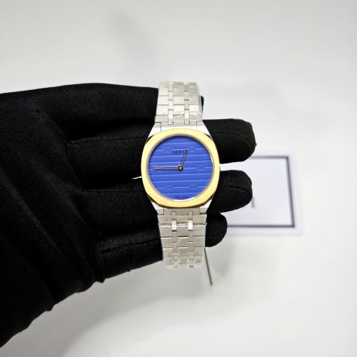 Gucci 25H Golden Bazel Blue Dial Stainless Steel Strap Swiss Quartz Watch