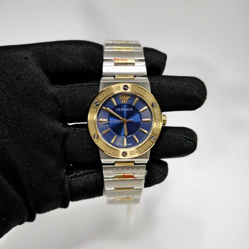 Versace Greca Logo Gold Case Blue Dial Dual Tone Strap Swiss Quartz Watch