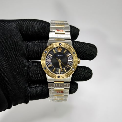 Versace Greca Logo Gold Case Dual Tone Black Dial Swiss Quartz Watch