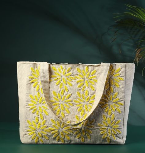 Canvas Floral Embroidery Handbags, Color : White, Yellow Standard