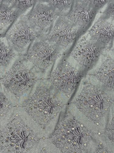 Blue & Grey Floral Diamond Sequin Embroidered Silk Fabric