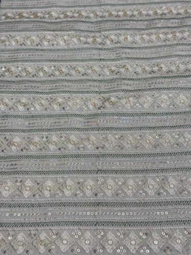 Green Grey Stripe Diamond Sequin Embroidered Silk Fabric