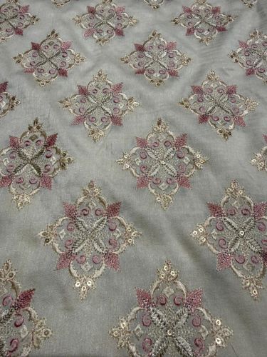 Grey & Pink Zari-Sequin Designer Embroidered Barfi Fabric