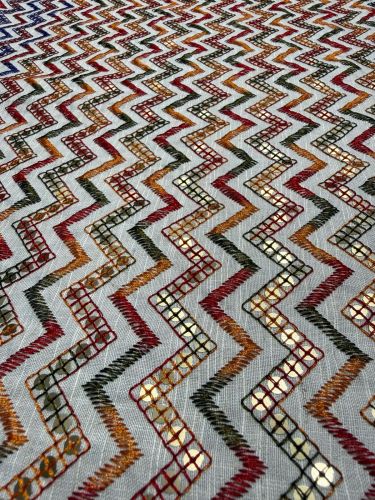 Multishade Zigzag Gold Sequin Embroidered Royal Silk Fabric