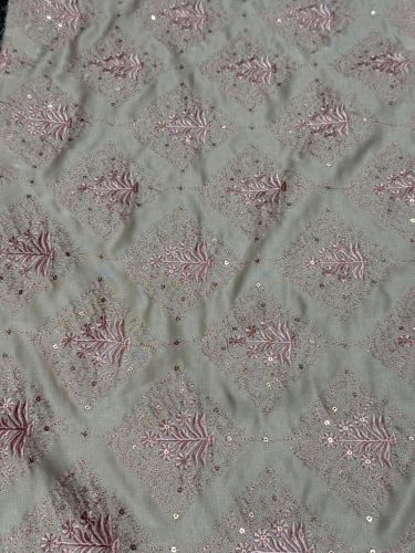 Pink Floral Diamond Sequin Embroidered Silk Fabric