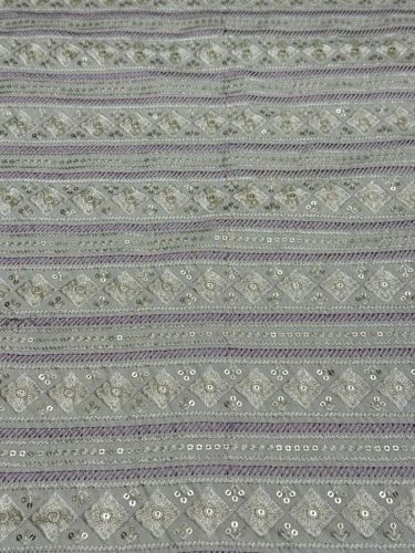 Purple & Grey Stripe Diamond Sequin Embroidered Silk Fabric